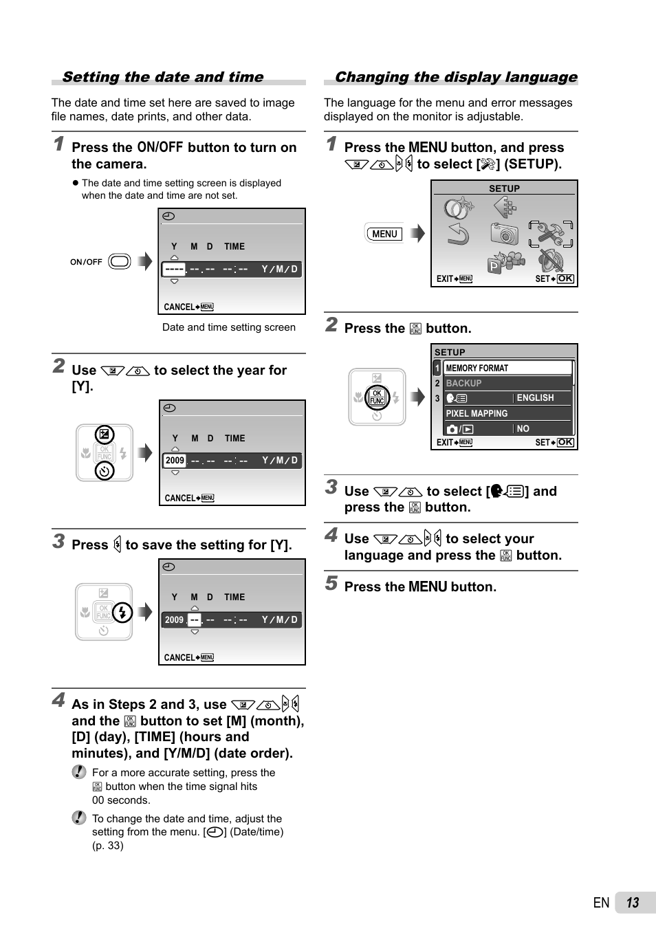 13 en setting the date and time, Changing the display language | Olympus FE-4010 User Manual | Page 13 / 63