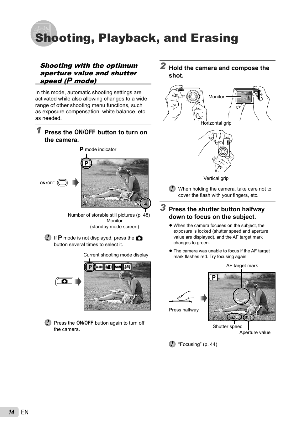 Shooting, playback, and erasing, 14 en | Olympus FE-4010 User Manual | Page 14 / 63