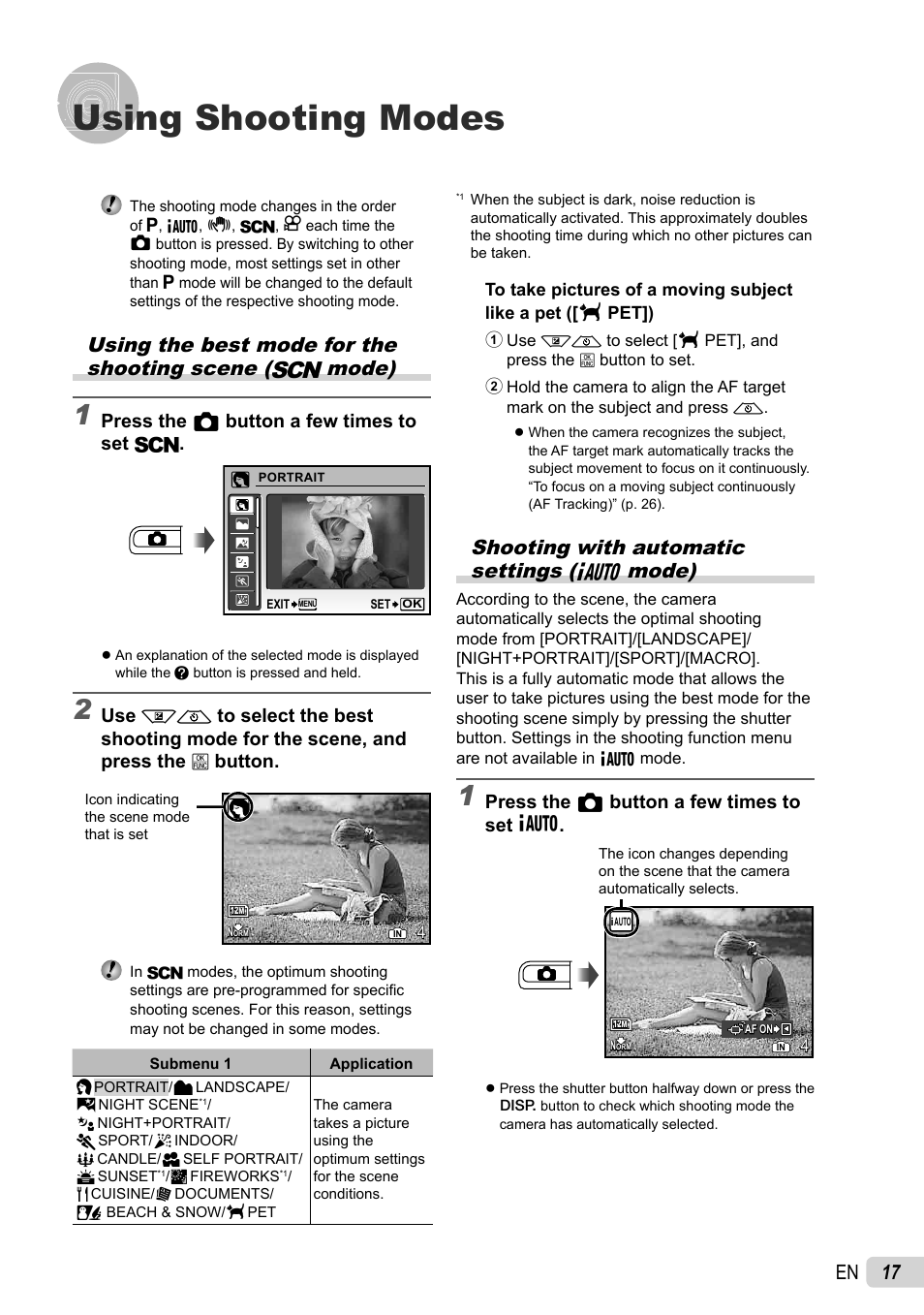 Using shooting modes, 17 en, Shooting with automatic settings (g mode) | Olympus FE-4010 User Manual | Page 17 / 63