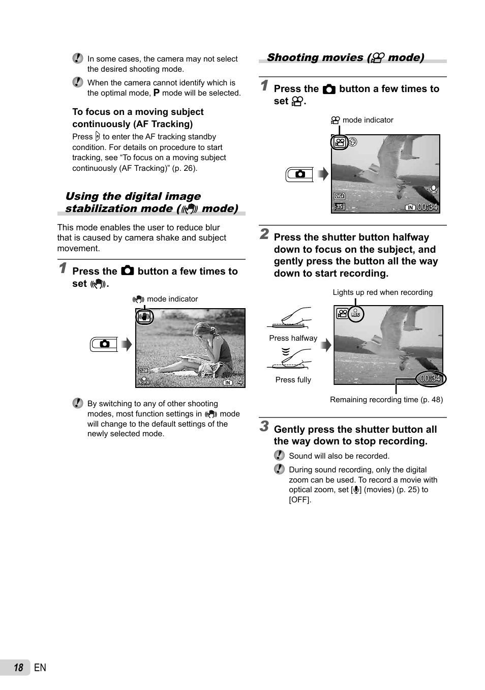 18 en, Shooting movies (n mode) | Olympus FE-4010 User Manual | Page 18 / 63