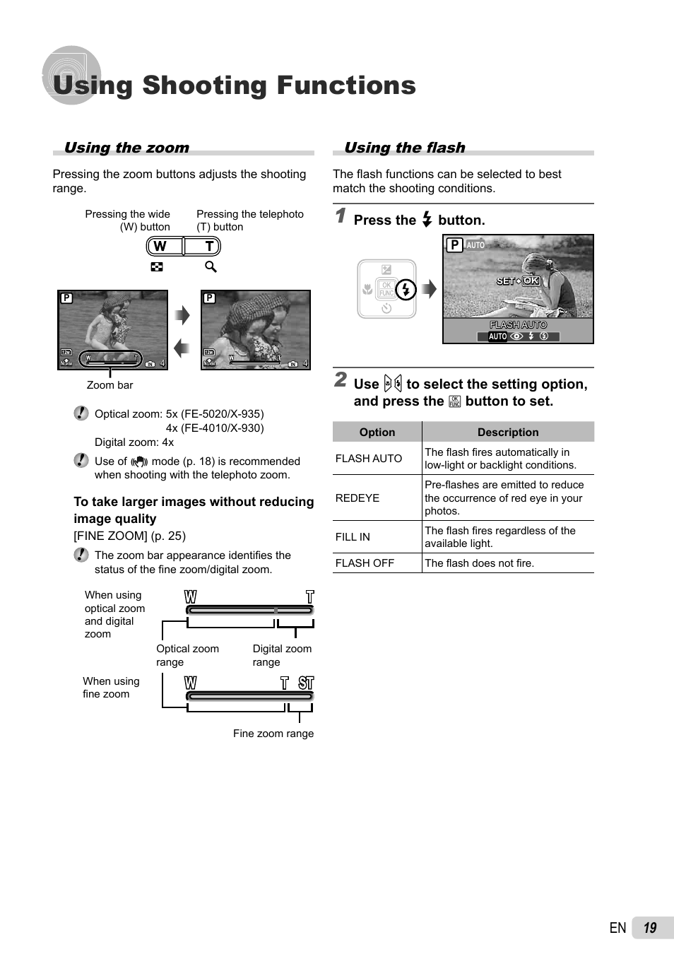 Using shooting functions, 19 en using the fl ash, Using the zoom | Press the # button | Olympus FE-4010 User Manual | Page 19 / 63