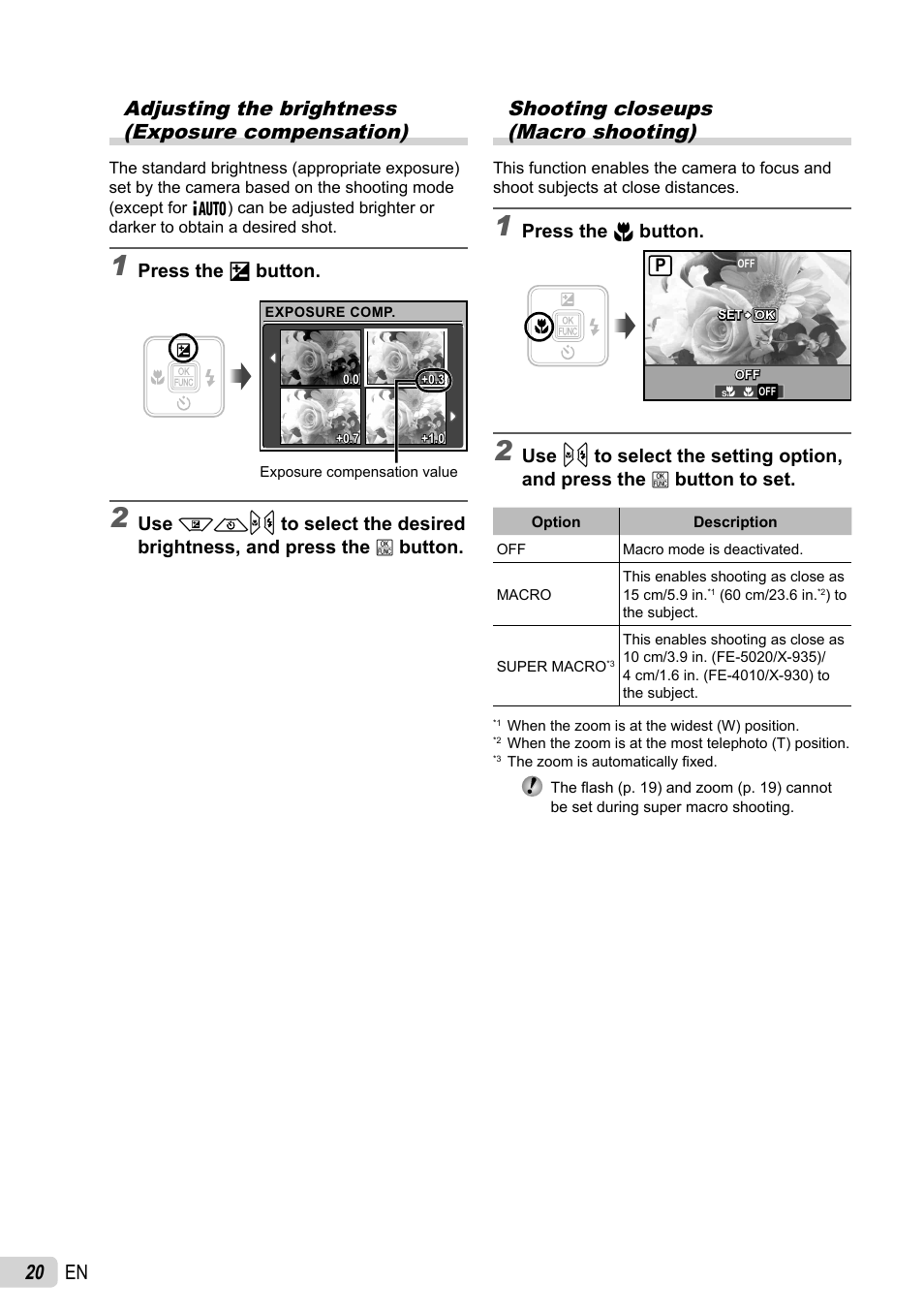 Shooting closeups ( macro shooting), Press the f button, Press the & button | Olympus FE-4010 User Manual | Page 20 / 63