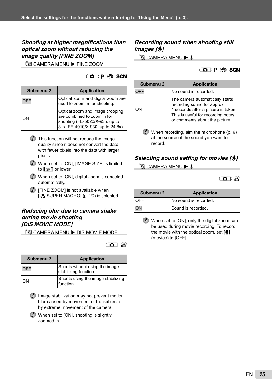 25 en, Recording sound when shooting still images [ r ] b, Selecting sound setting for movies [ r ] b | Olympus FE-4010 User Manual | Page 25 / 63