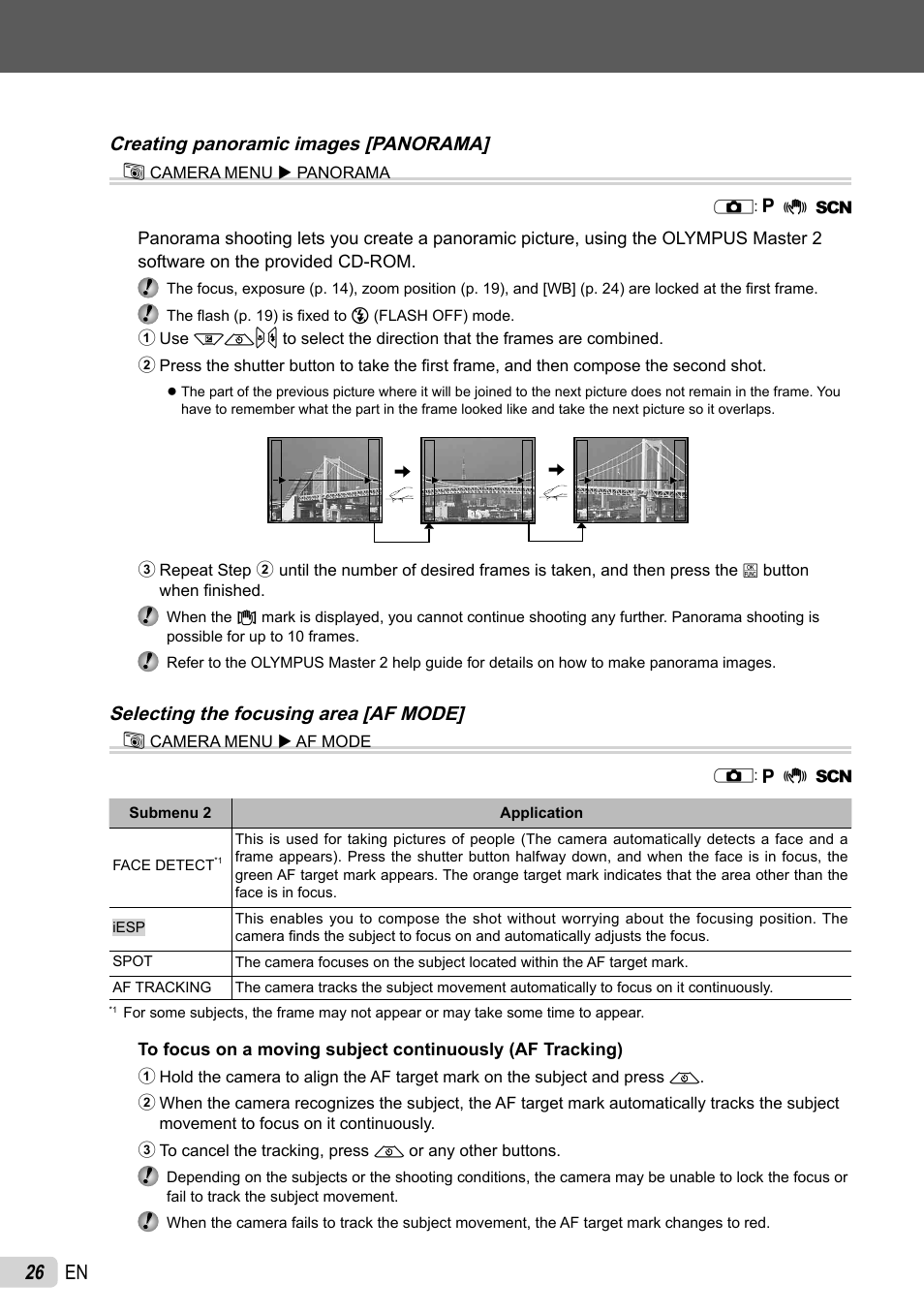 26 en, Creating panoramic images [panorama] b, Selecting the focusing area [af mode] b | Olympus FE-4010 User Manual | Page 26 / 63
