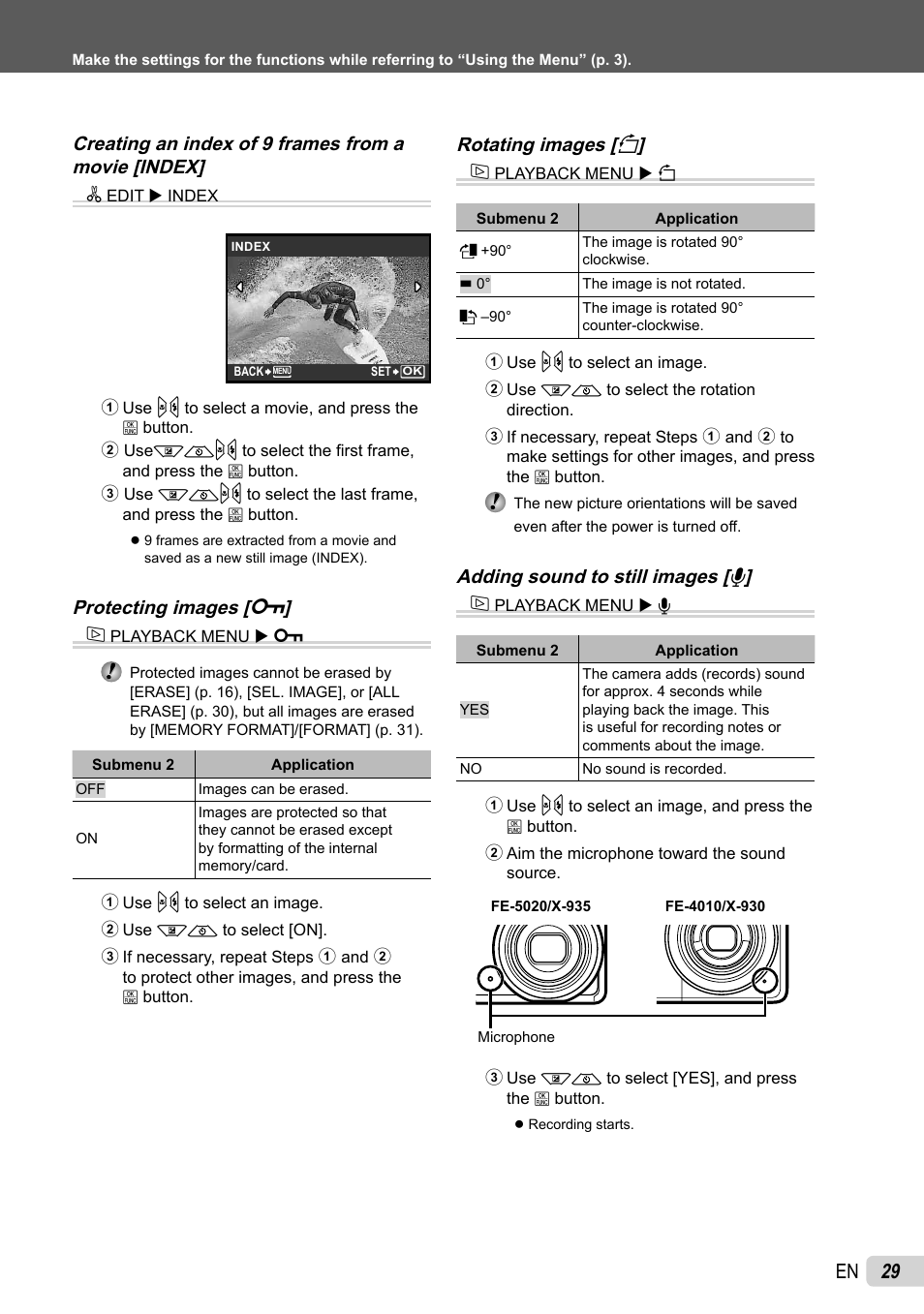29 en, Protecting images [ 0 ] j, Rotating images [ y ] j | Adding sound to still images [ r ] j | Olympus FE-4010 User Manual | Page 29 / 63
