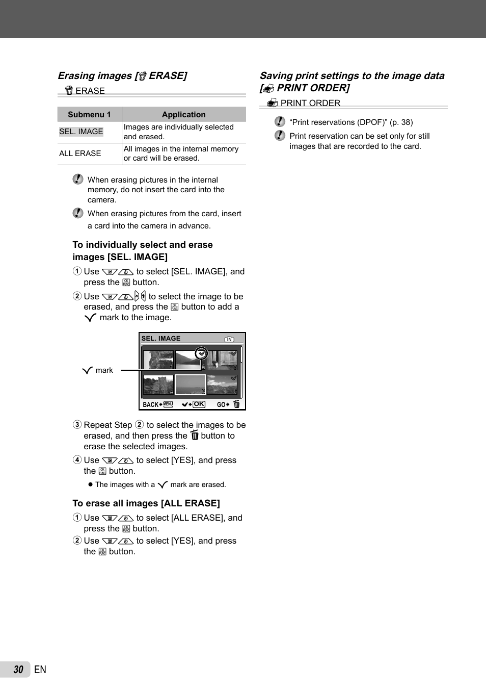 30 en, Erasing images [ k erase] k | Olympus FE-4010 User Manual | Page 30 / 63