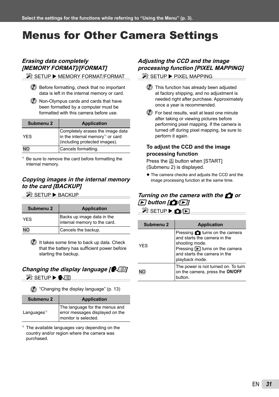 Menus for other camera settings, 31 en, Changing the display language [ w ] e | Olympus FE-4010 User Manual | Page 31 / 63