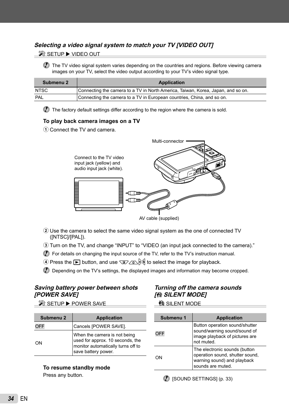 34 en, Saving battery power between shots [power save] e, Turning off the camera sounds [ f silent mode] f | Olympus FE-4010 User Manual | Page 34 / 63
