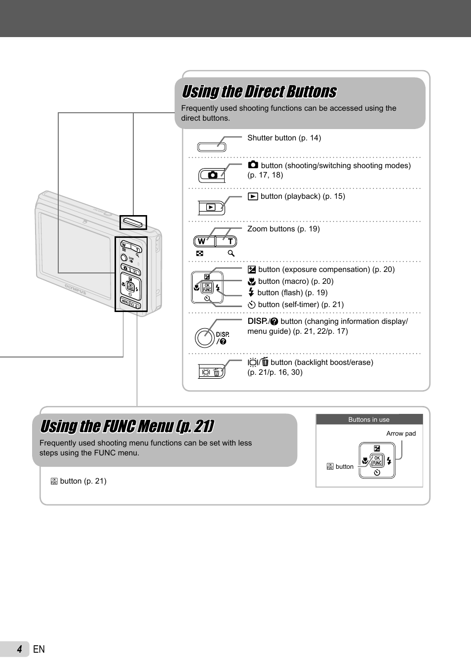 Using the direct buttons, Using the func menu (p. 21) | Olympus FE-4010 User Manual | Page 4 / 63