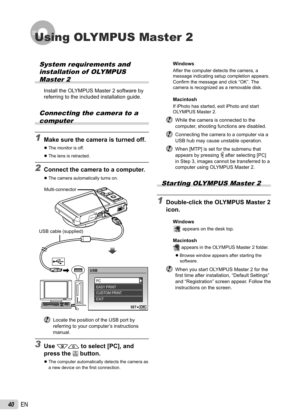 Using olympus master 2, 40 en, Starting olympus master 2 | Connecting the camera to a computer | Olympus FE-4010 User Manual | Page 40 / 63