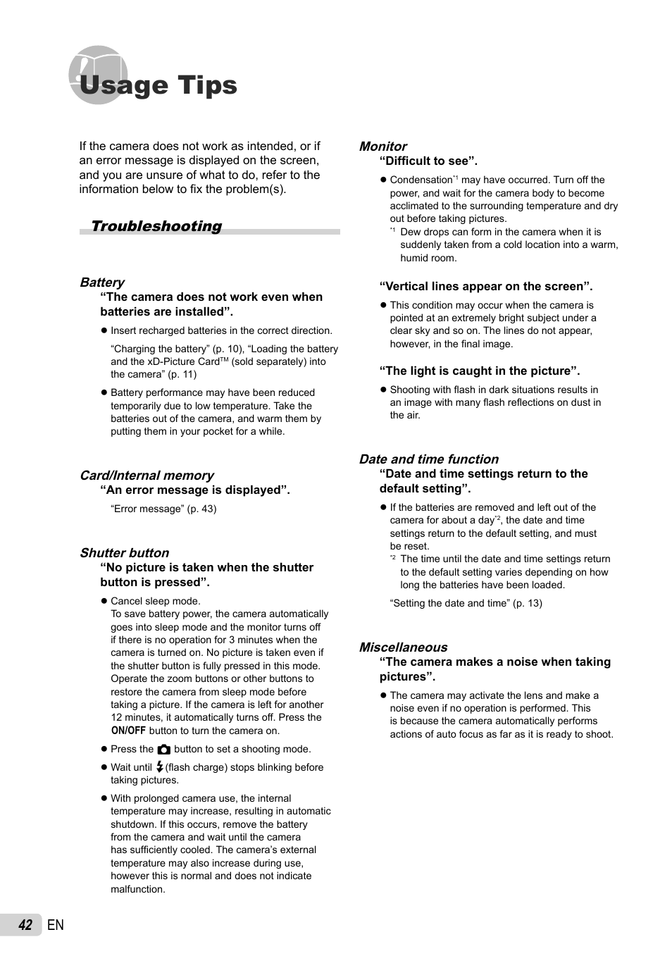 Usage tips, 42 en, Troubleshooting | Olympus FE-4010 User Manual | Page 42 / 63