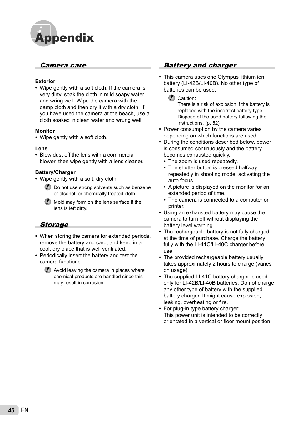 Appendix, 46 en, Battery and charger | Camera care, Storage | Olympus FE-4010 User Manual | Page 46 / 63