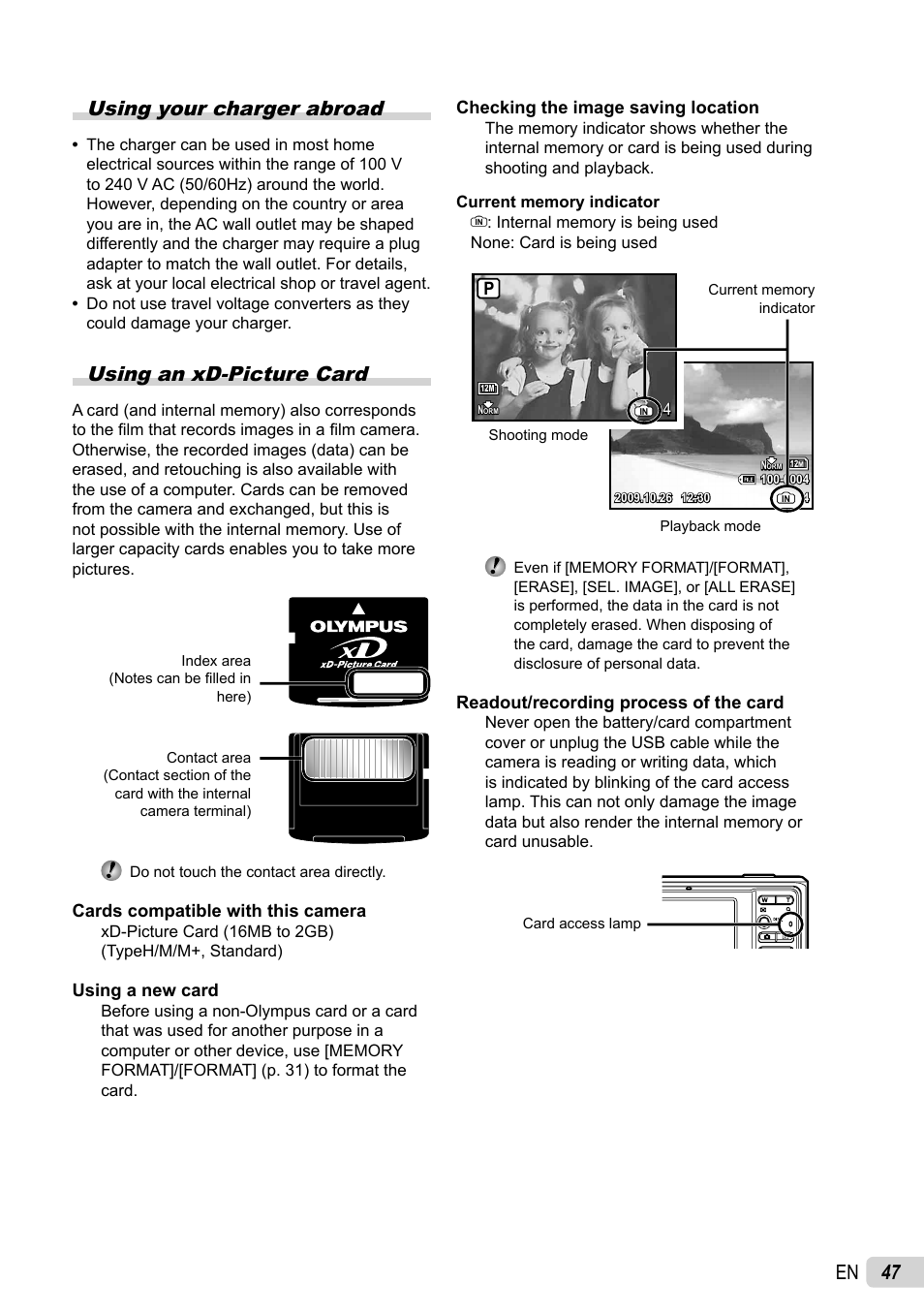 47 en using your charger abroad, Using an xd-picture card | Olympus FE-4010 User Manual | Page 47 / 63