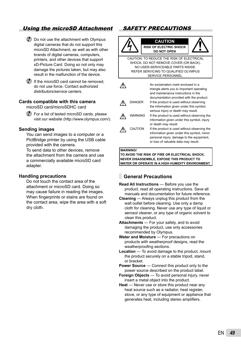 49 en using the microsd attachment, Safety precautions, General precautions | Olympus FE-4010 User Manual | Page 49 / 63