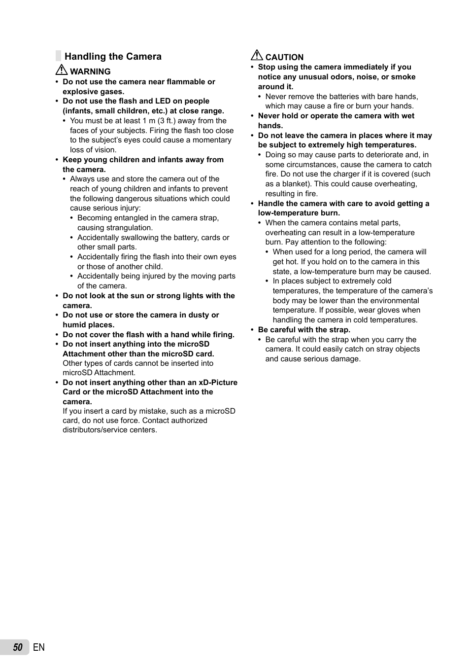 50 en, Handling the camera | Olympus FE-4010 User Manual | Page 50 / 63