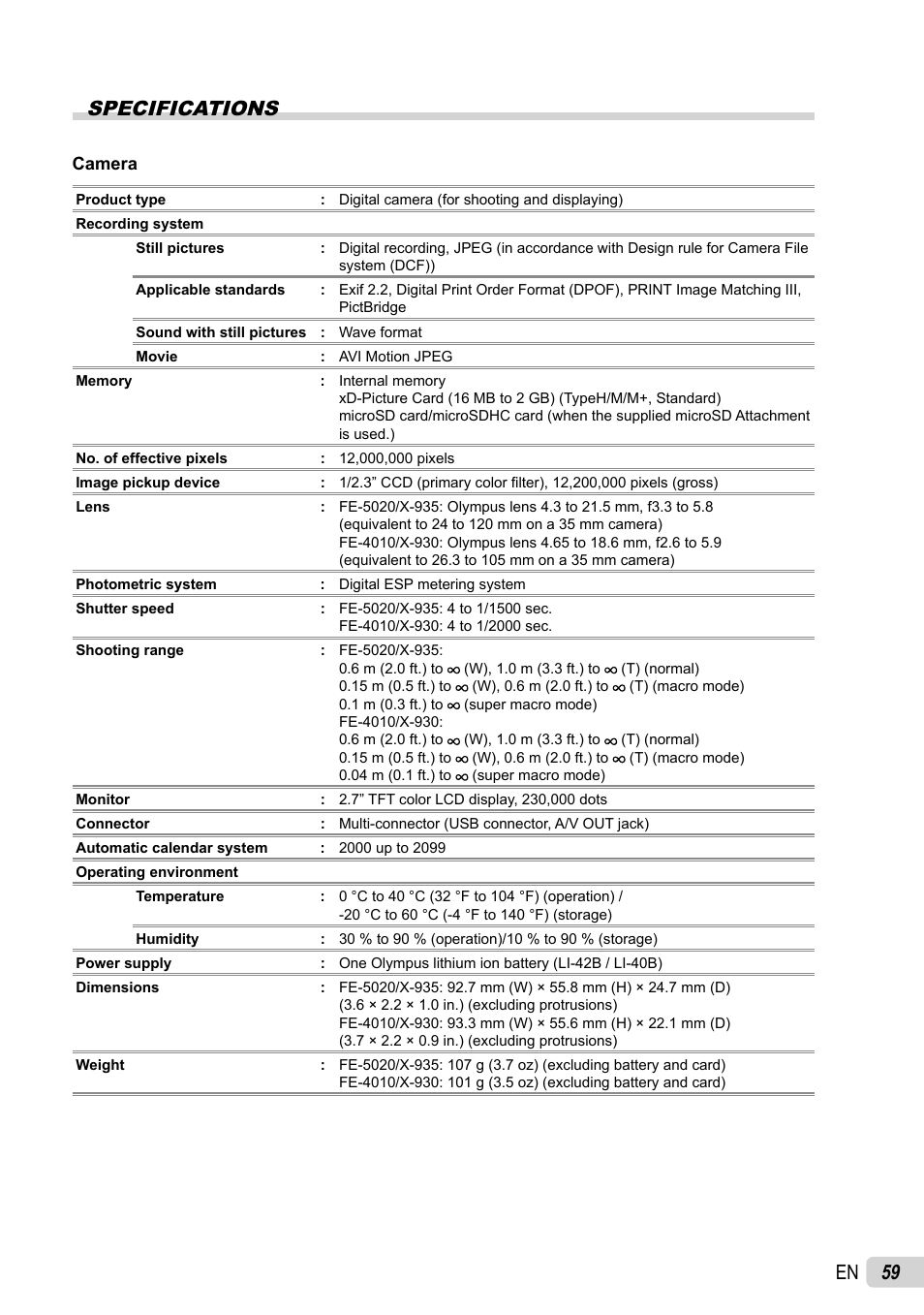 59 en specifications | Olympus FE-4010 User Manual | Page 59 / 63