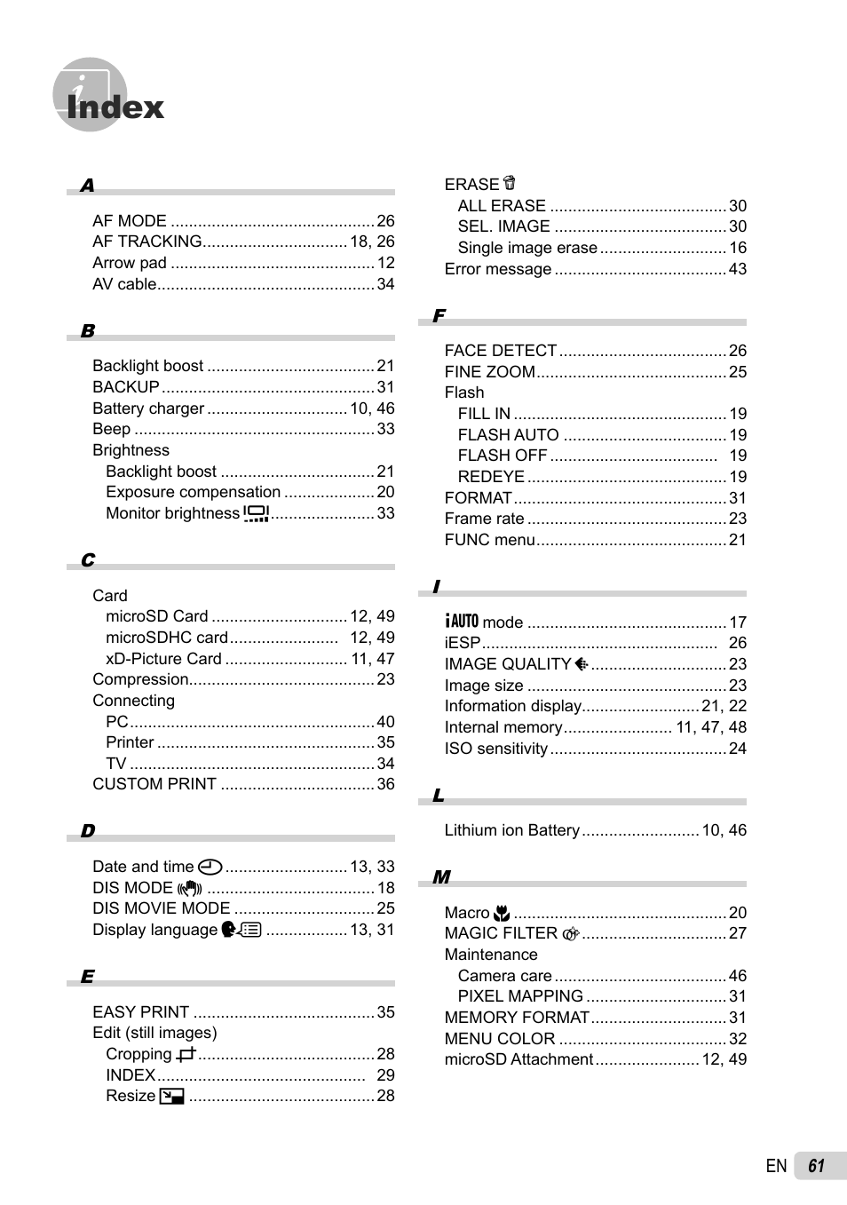 Index | Olympus FE-4010 User Manual | Page 61 / 63