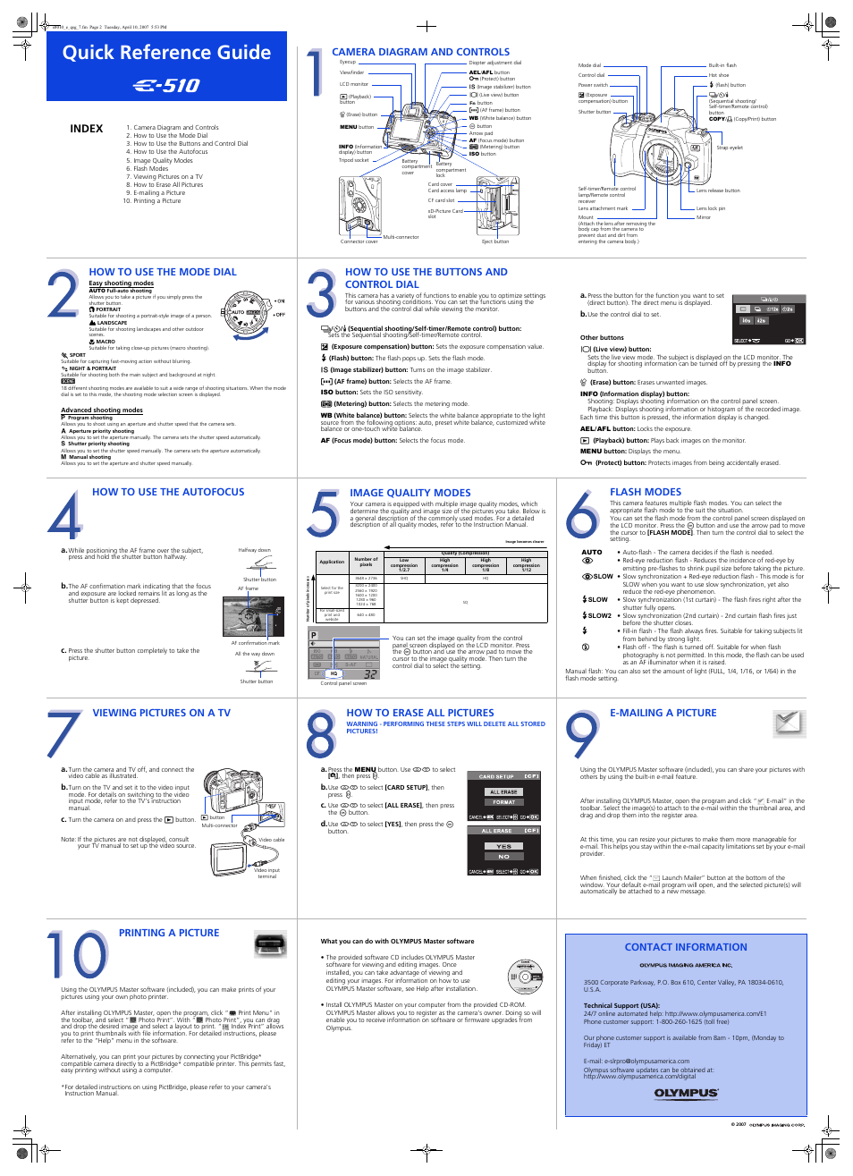 Quick reference guide, Index, Camera diagram and controls | How to use the mode dial, How to use the buttons and control dial, How to use the autofocus, Image quality modes, Flash modes, Viewing pictures on a tv, How to erase all pictures | Olympus EVOLT E-510 User Manual | Page 2 / 2