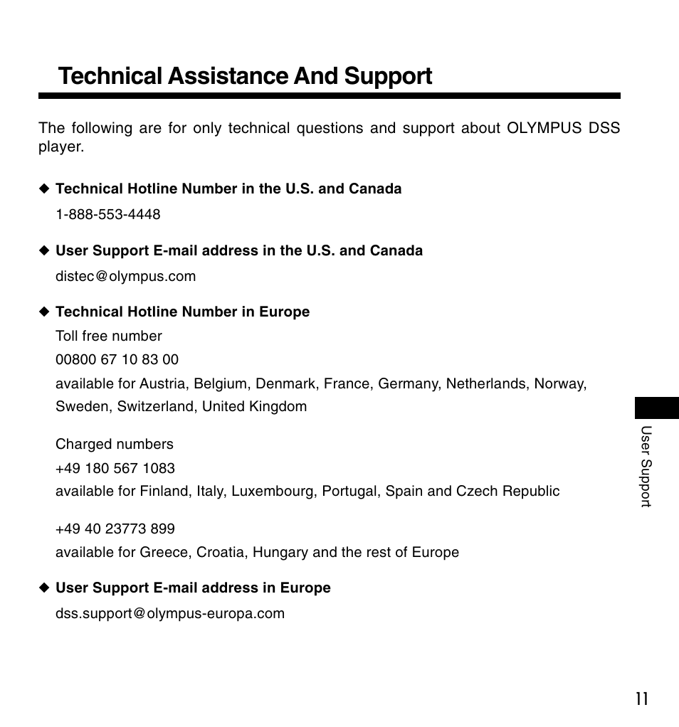 Technical assistance and support | Olympus DS-3000 User Manual | Page 11 / 60