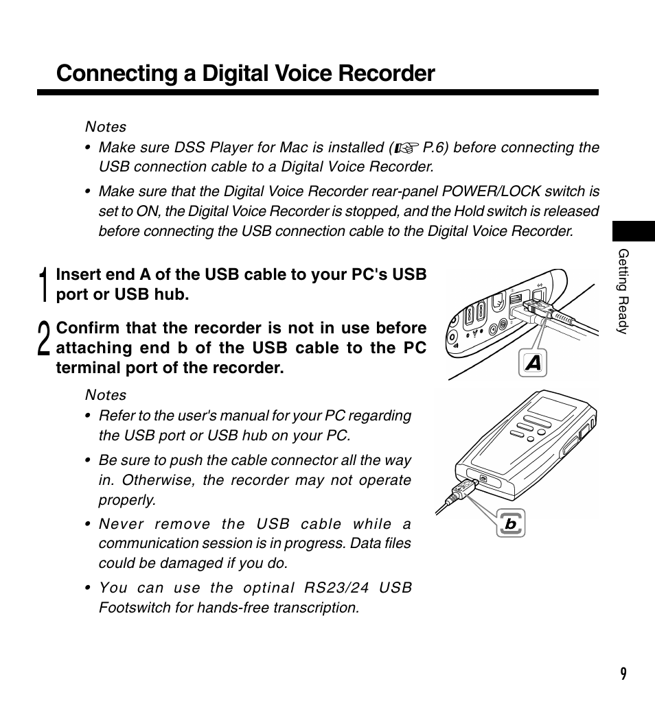 Connecting a digital voice recorder | Olympus DS-3000 User Manual | Page 9 / 60