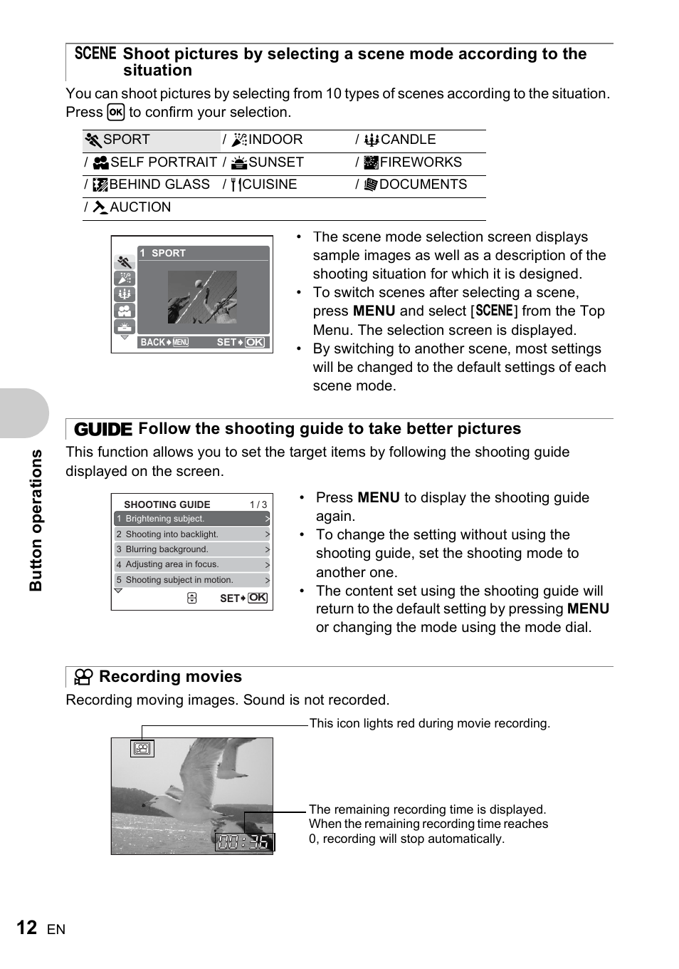 Follow the shooting guide to take better pictures, Recording movies, Bu tt on ope ra ti on s | Olympus FE-210 User Manual | Page 12 / 72