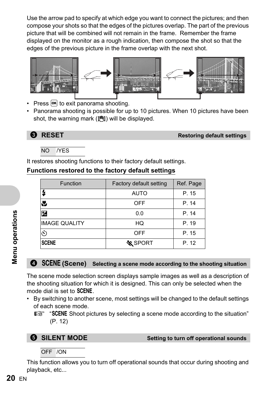 Restoring default settings, Setting to turn off operational sounds | Olympus FE-210 User Manual | Page 20 / 72