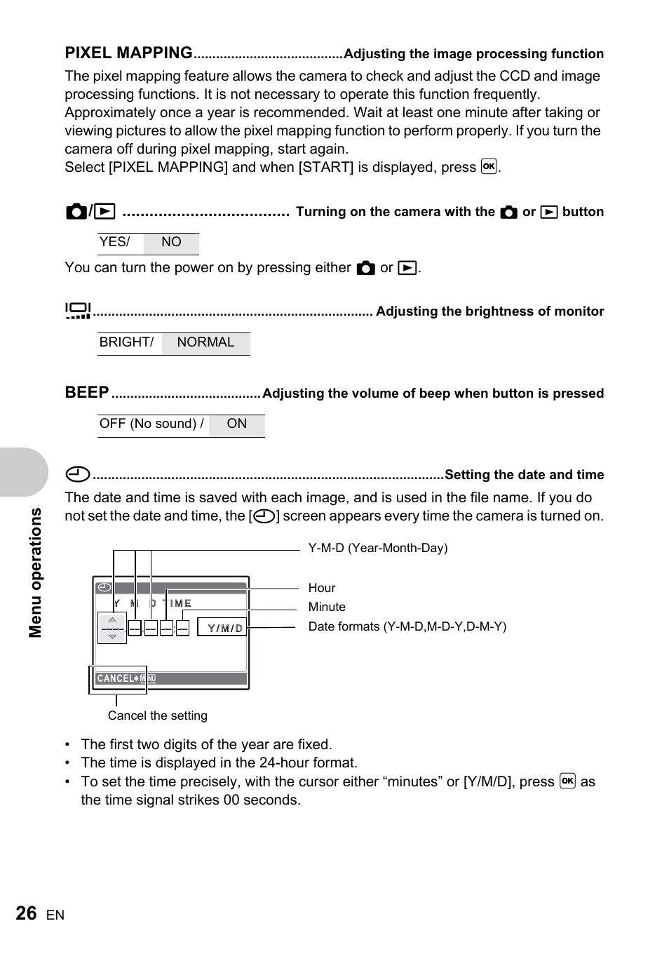 Adjusting the image processing function, Adjusting the brightness of monitor, Setting the date and time | Me nu operati o ns, Pixel mapping, K / q, Beep | Olympus FE-210 User Manual | Page 26 / 72