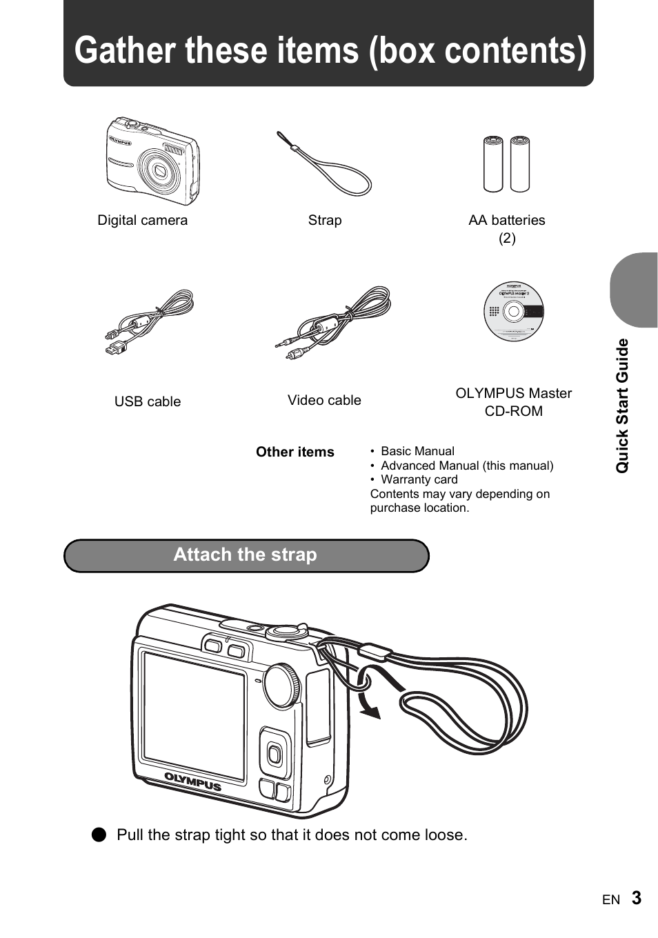 Quick start guide, P. 3, Gather these items (box contents) | Attach the strap | Olympus FE-210 User Manual | Page 3 / 72