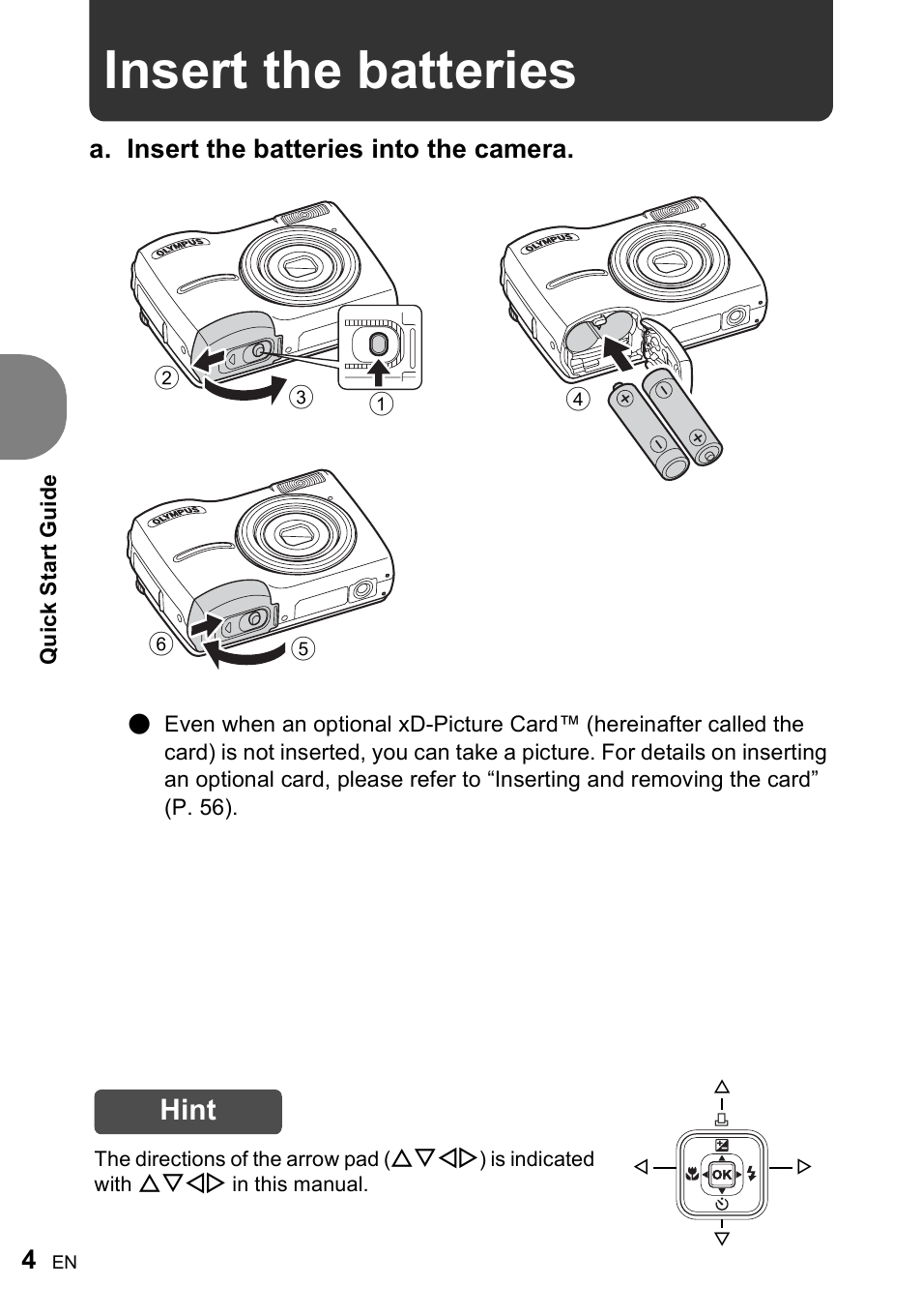 Insert the batteries, Hint, A. insert the batteries into the camera | Olympus FE-210 User Manual | Page 4 / 72
