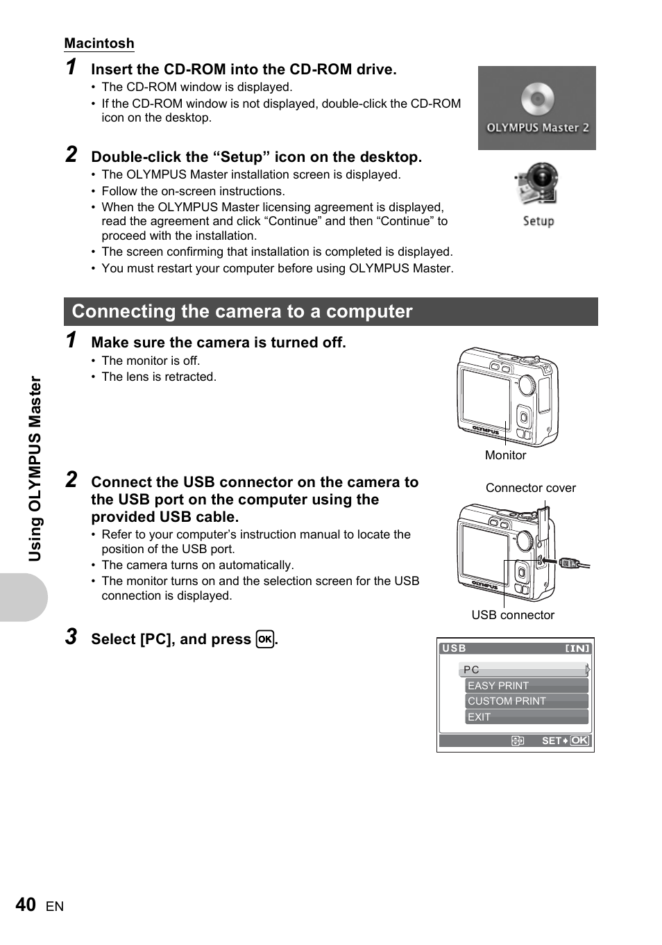 Connecting the camera to a computer, P. 40 | Olympus FE-210 User Manual | Page 40 / 72