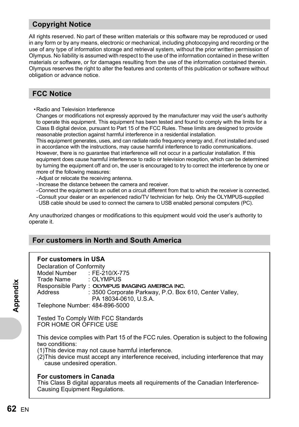 Copyright notice, Fcc notice, For customers in north and south america | Olympus FE-210 User Manual | Page 62 / 72