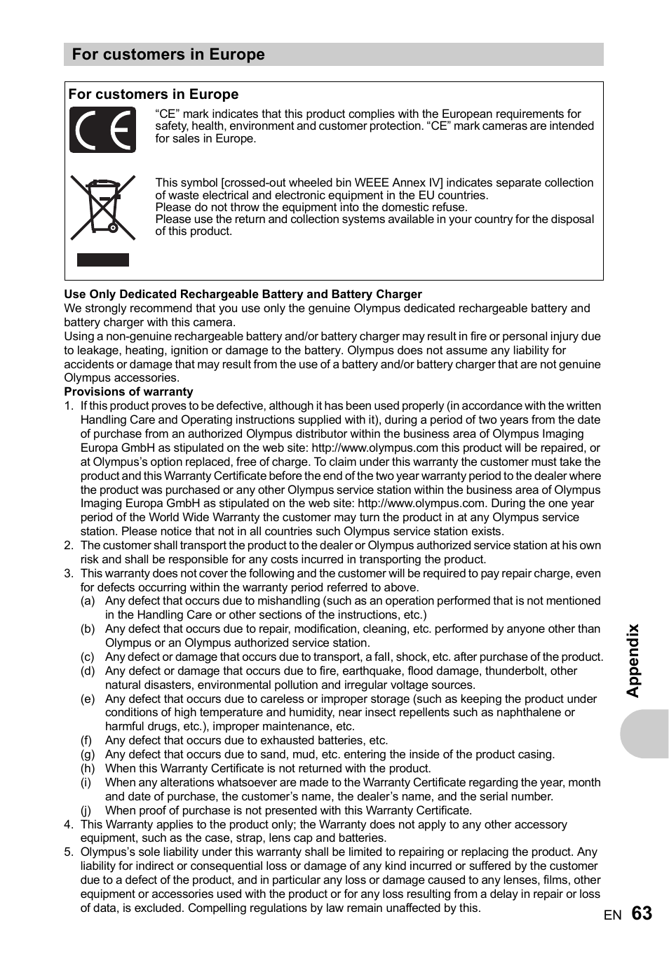 For customers in europe, Appe ndix | Olympus FE-210 User Manual | Page 63 / 72