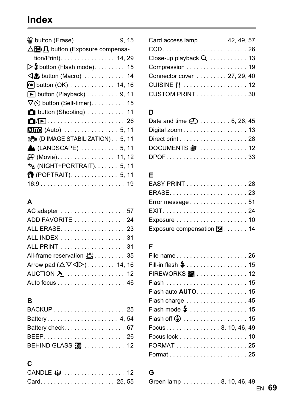 Index | Olympus FE-210 User Manual | Page 69 / 72