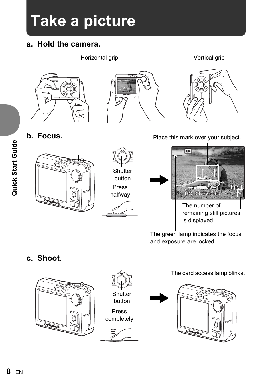 Take a picture, A. hold the camera. c. shoot, B. focus | Quic k s ta rt g u ide | Olympus FE-210 User Manual | Page 8 / 72