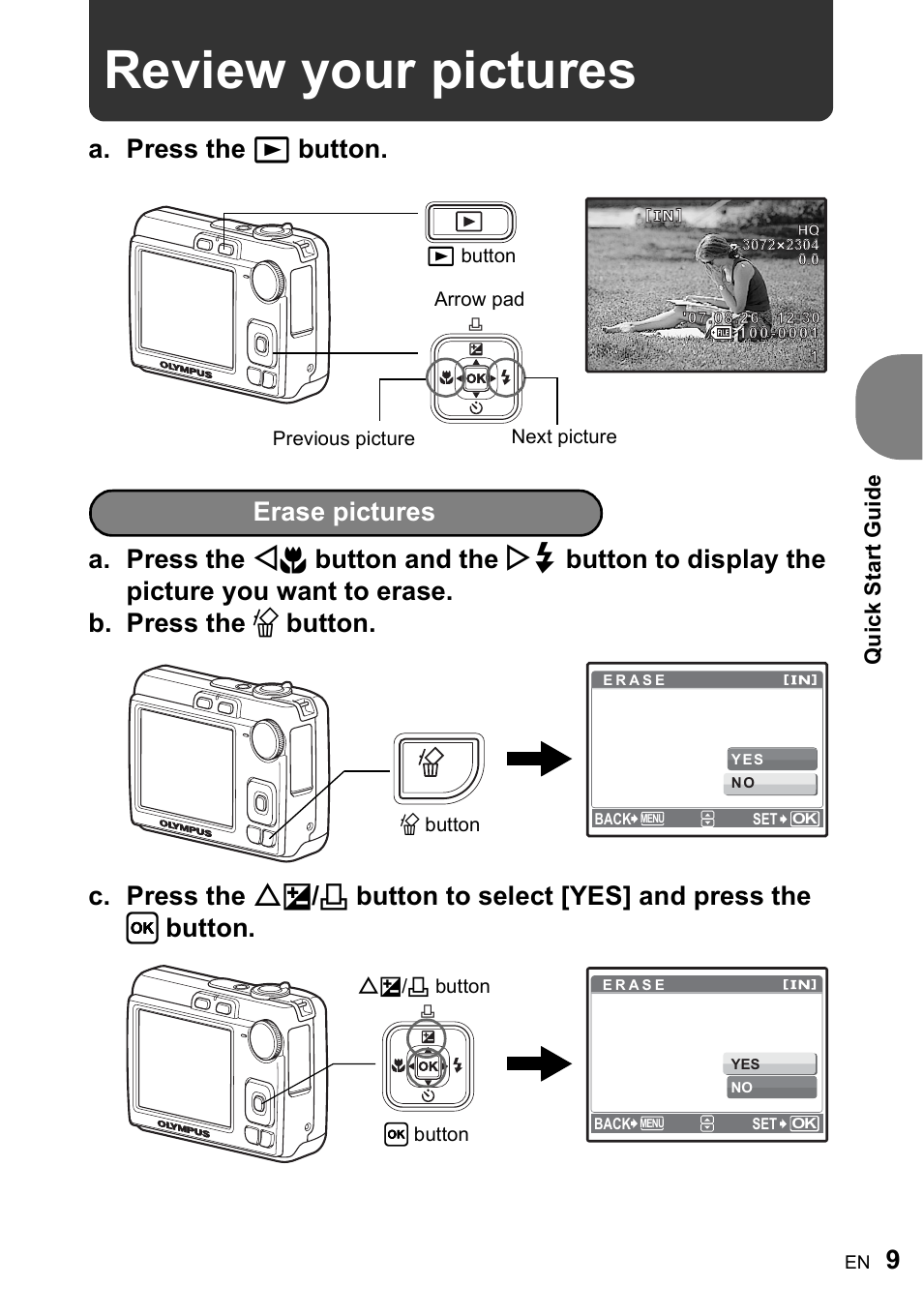 Review your pictures, Quic k s ta rt g u ide | Olympus FE-210 User Manual | Page 9 / 72