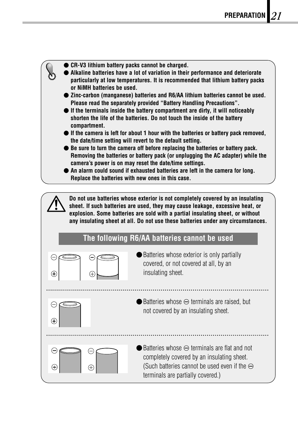 The following r6/aa batteries cannot be used | Olympus D-150-C-1 User Manual | Page 21 / 108