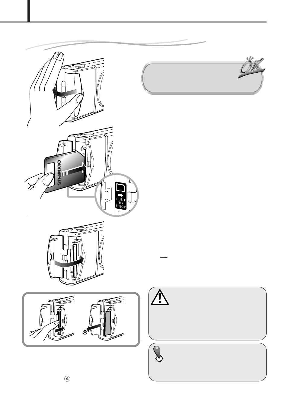 Inserting the memory card (smartmedia), Smartmedia) | Olympus D-150-C-1 User Manual | Page 22 / 108