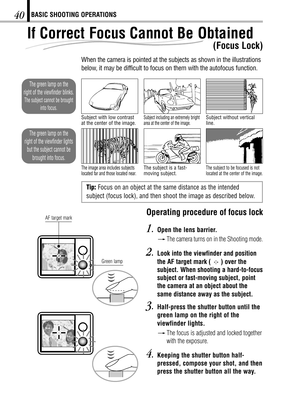 If correct focus cannot be obtained (focus lock), If correct focus cannot be obtained, Focus lock) | Operating procedure of focus lock | Olympus D-150-C-1 User Manual | Page 40 / 108