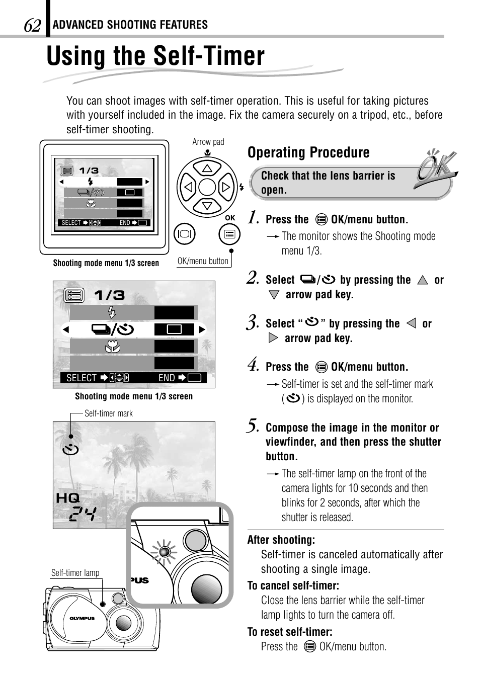 Using the self-timer, Operating procedure | Olympus D-150-C-1 User Manual | Page 62 / 108