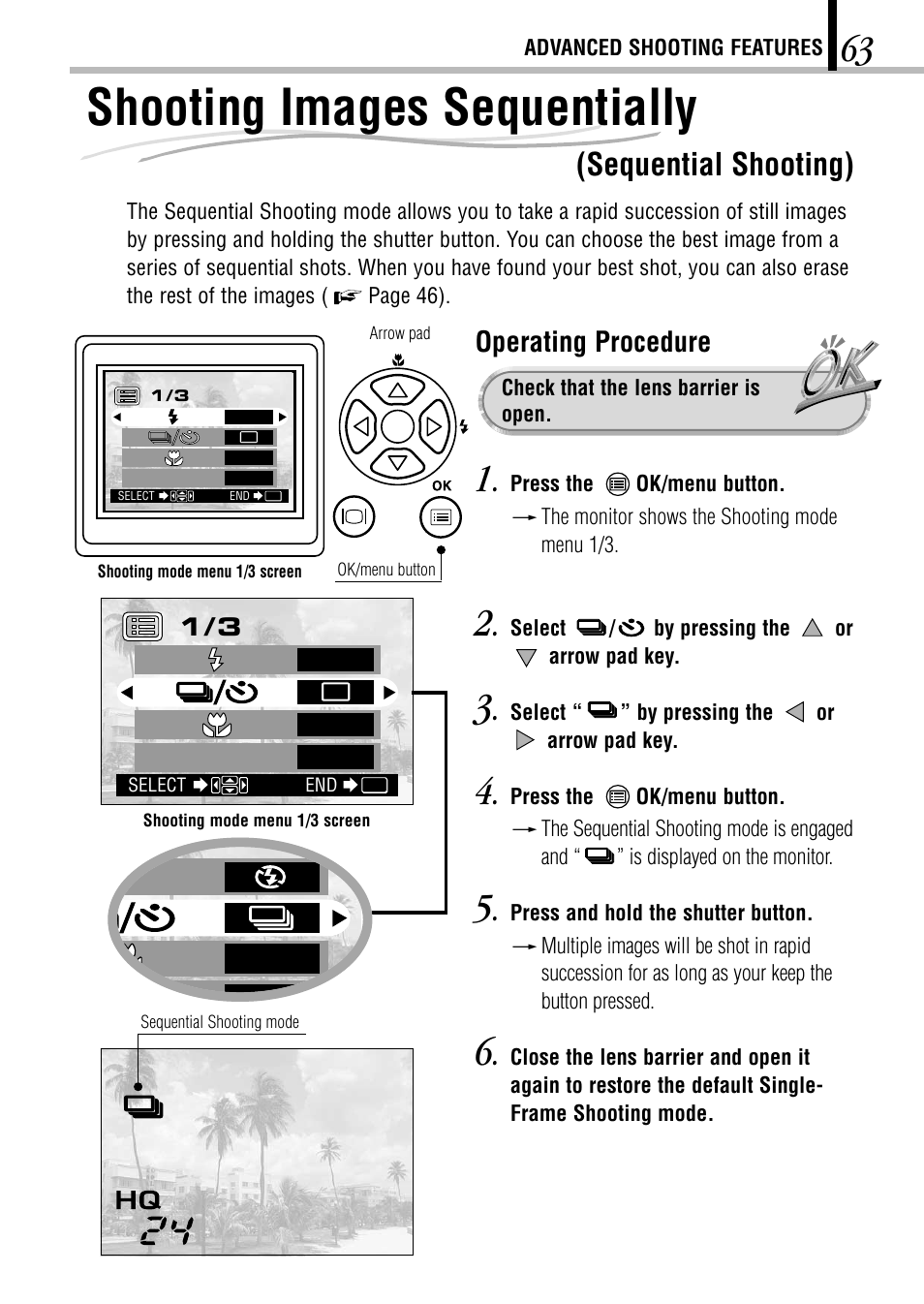 Shooting images sequentially (sequential shooting), Shooting images sequentially, Sequential shooting) | Operating procedure, Off l zoom | Olympus D-150-C-1 User Manual | Page 63 / 108