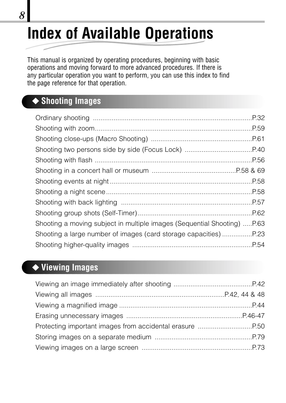 Index of available operations, ࡗ shooting images, ࡗ viewing images | Olympus D-150-C-1 User Manual | Page 8 / 108