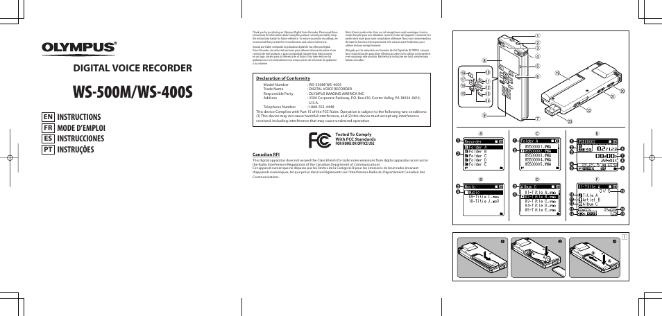 Digital voice recorder, En fr es | Olympus WS-400S User Manual | Page 3 / 32