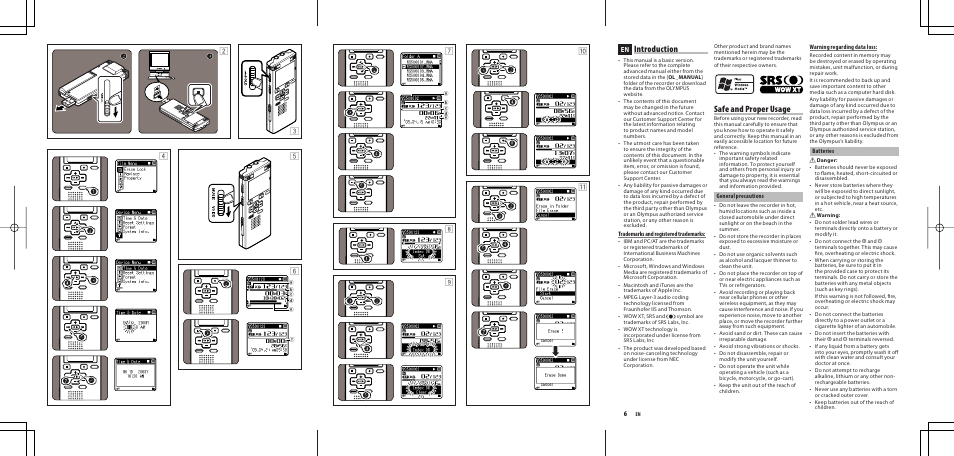 Introduction, Safe and proper usage | Olympus WS-400S User Manual | Page 4 / 32