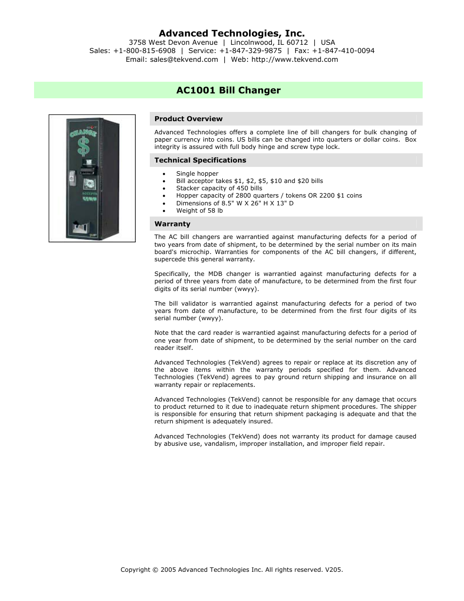 Ac1001 bill changer, Advanced technologies, inc | Advanced Technology International USA M200 User Manual | Page 14 / 31