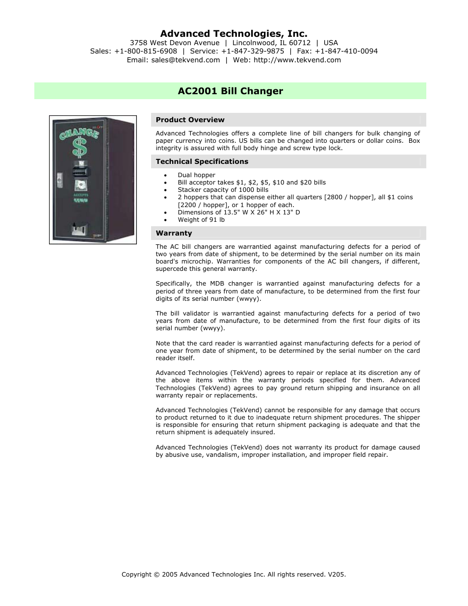 Ac2001 bill changer, Advanced technologies, inc | Advanced Technology International USA M200 User Manual | Page 15 / 31