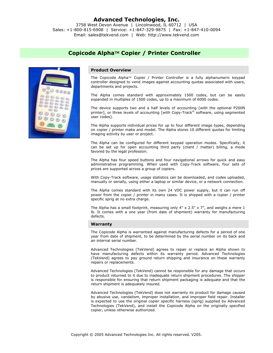 Keypad controllers, Copicode alpha copier / printer controller, Advanced technologies, inc | Copicode alpha  copier / printer controller | Advanced Technology International USA M200 User Manual | Page 16 / 31