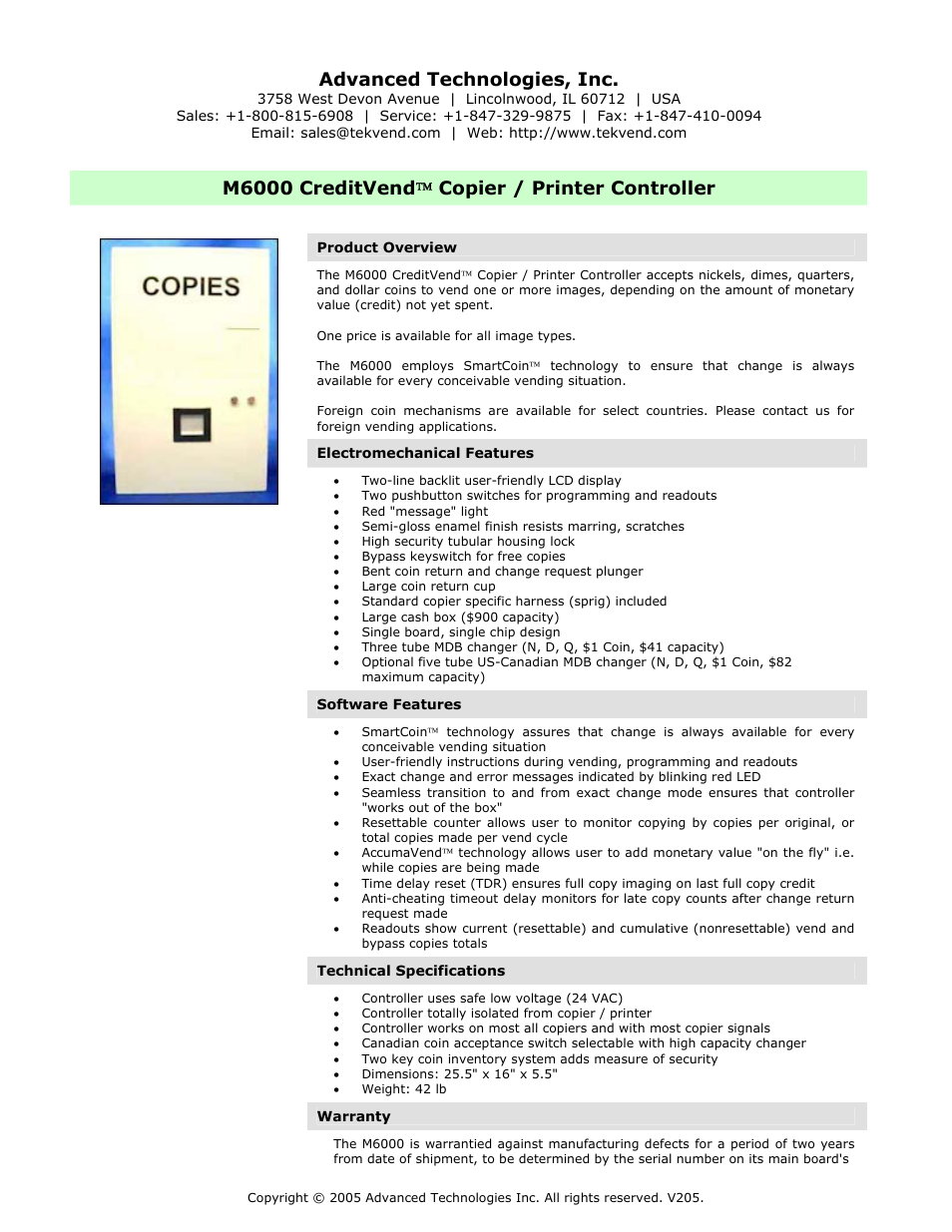 M6000 creditvend copier / printer controller, Advanced technologies, inc, M6000 creditvend  copier / printer controller | Advanced Technology International USA M200 User Manual | Page 2 / 31