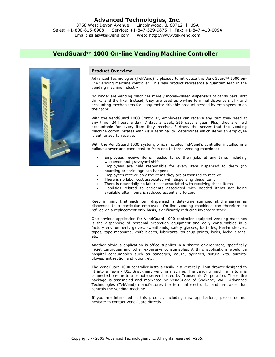 Computerized vending, Vendguard online vending machine controller, Advanced technologies, inc | Advanced Technology International USA M200 User Manual | Page 31 / 31