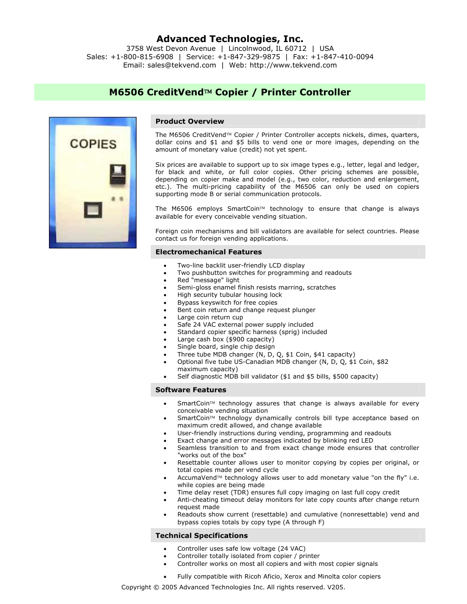 M6506 creditvend copier / printer controller, Advanced technologies, inc, M6506 creditvend  copier / printer controller | Advanced Technology International USA M200 User Manual | Page 6 / 31