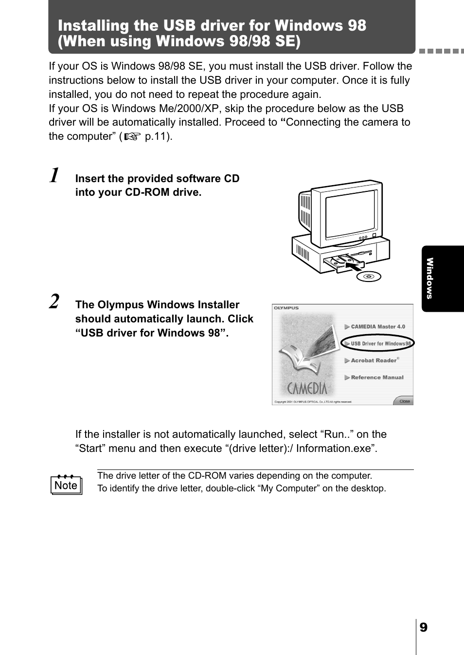 P.9), Installing the usb driver for windows 98 | Olympus D-380 User Manual | Page 110 / 133